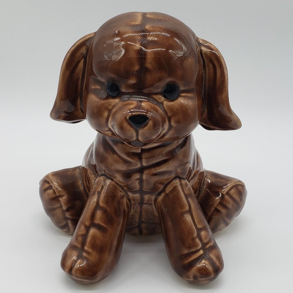 2006 Signed Ceramic Dark Brown Black Puppy Piggy Bank NO Stopper
